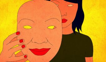 Meaningful Life Is Possible - Art A color drawing of a woman holding a face mask, predominent colors are yellow and red.