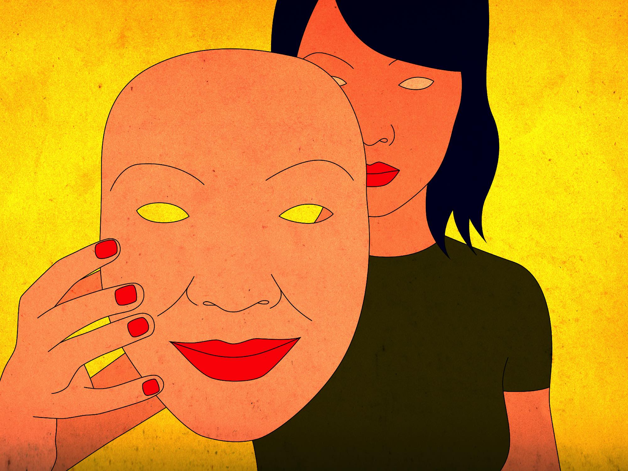 A color drawing of a woman holding a face mask, predominent colors are yellow and red.