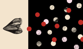 overtalking An graphic image of lips drawn in pen and ink on a tan background on the right, and a series of yellow, red, and other dots on a black background.