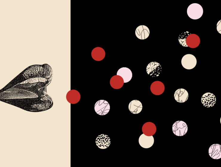 An graphic image of lips drawn in pen and ink on a tan background on the right, and a series of yellow, red, and other dots on a black background.