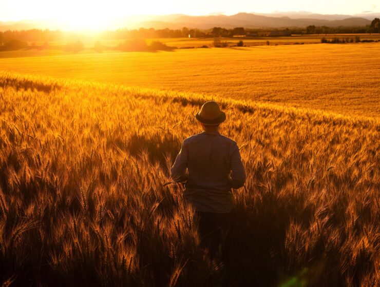 A photo of a person walking in a field of wheat, away from the camera at sunset